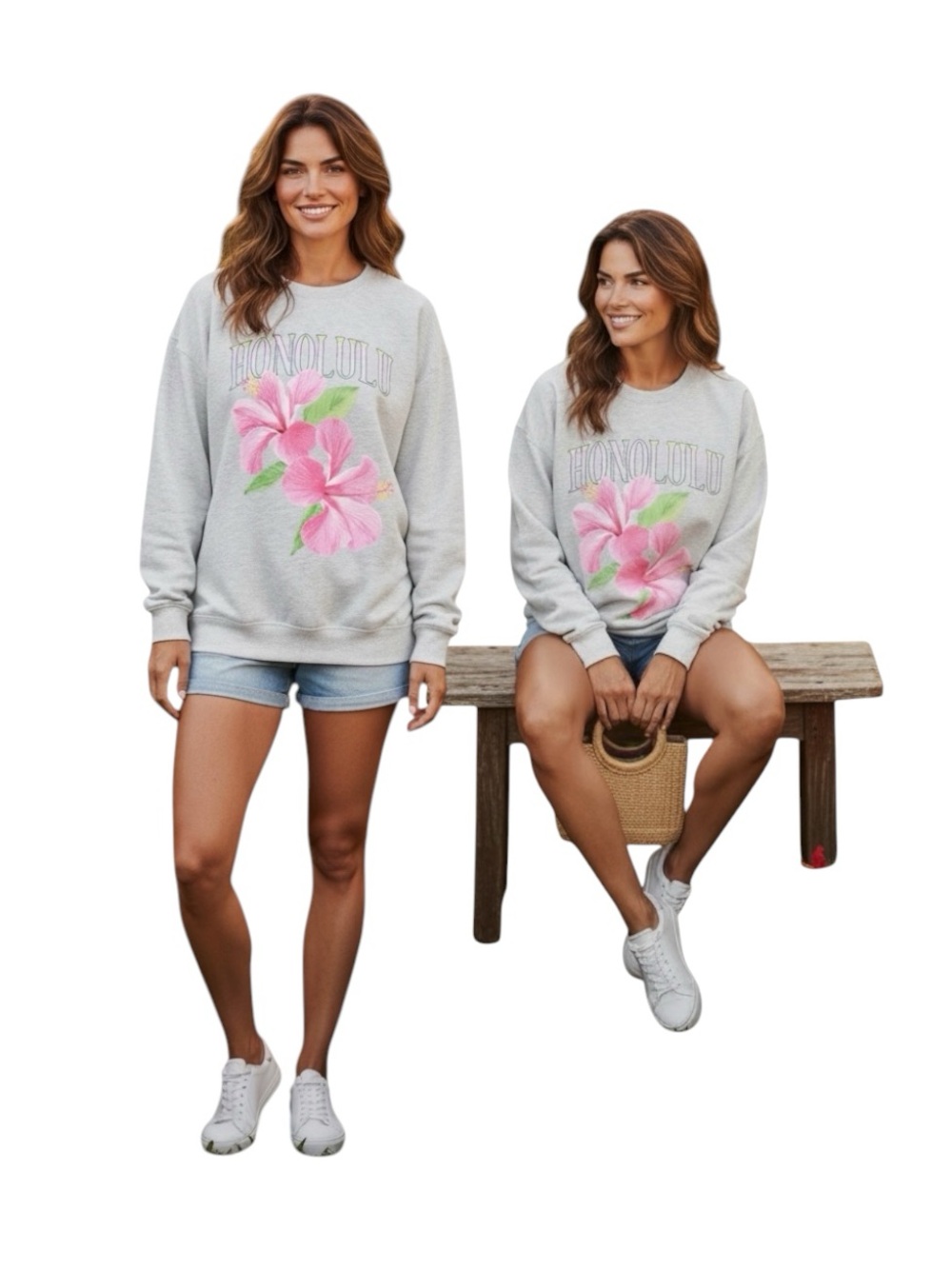 No Boundaries Gray Crewneck Sweatshirt with Pink Floral Honolulu Print